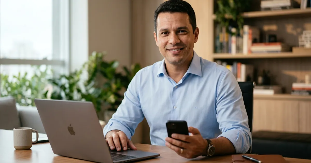 Empresário analisando proposta de criação de site profissional no notebook
