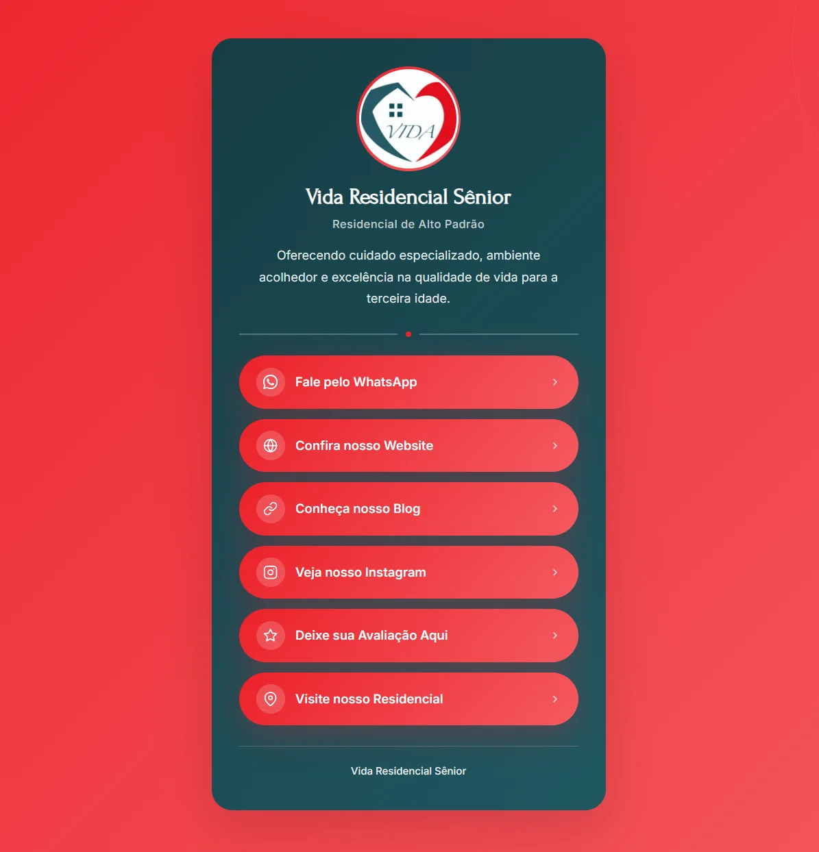 Site profissional Cuidados para Idosos — Cartão Digital Vida Residencial Sênior | Agência SEO Digital
