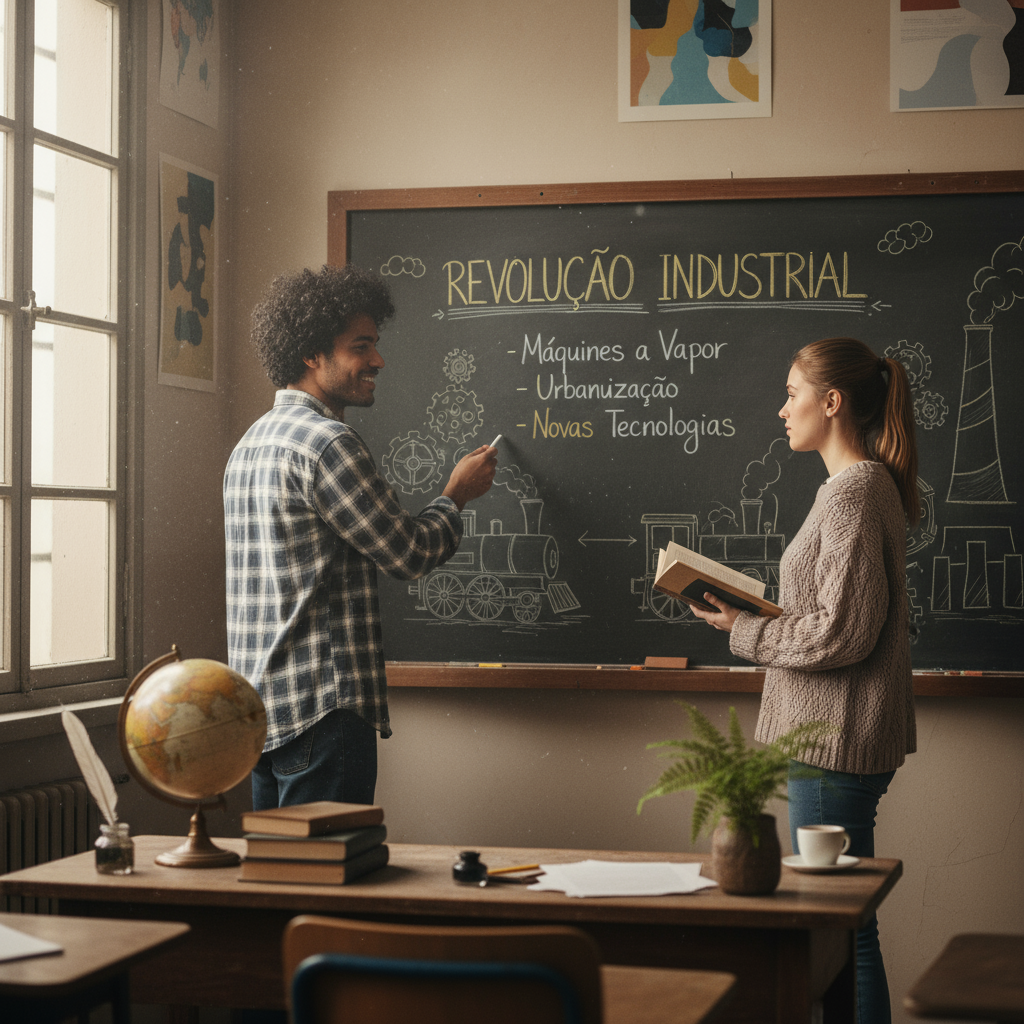 Alunos atentos em sala de aula, com professor explicando conteúdo de história na lousa. Ambiente escolar propício ao aprendizado, com foco na interação e no desenvolvimento educacional.