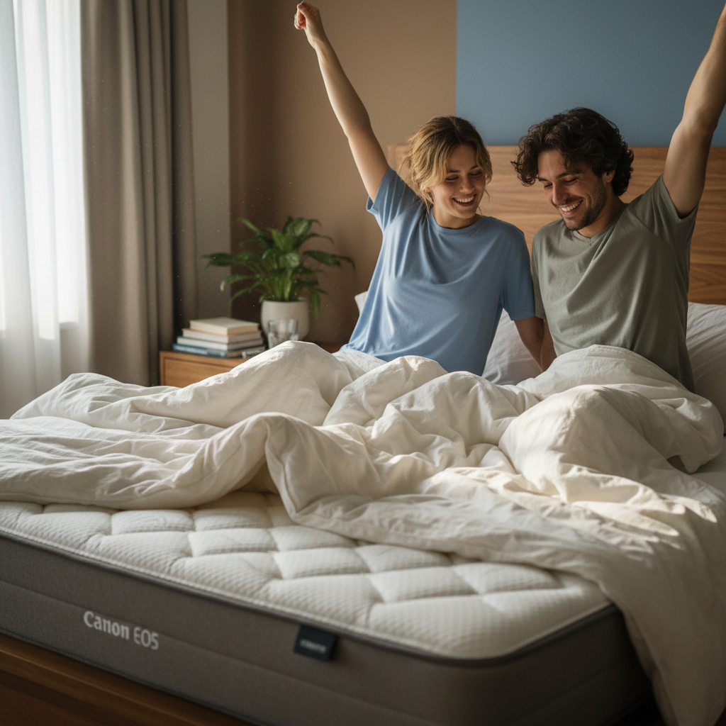 Vendedor de colchões apresenta modelos e ofertas a um casal em sua loja, destacando o conforto e a qualidade para uma noite de sono reparadora.