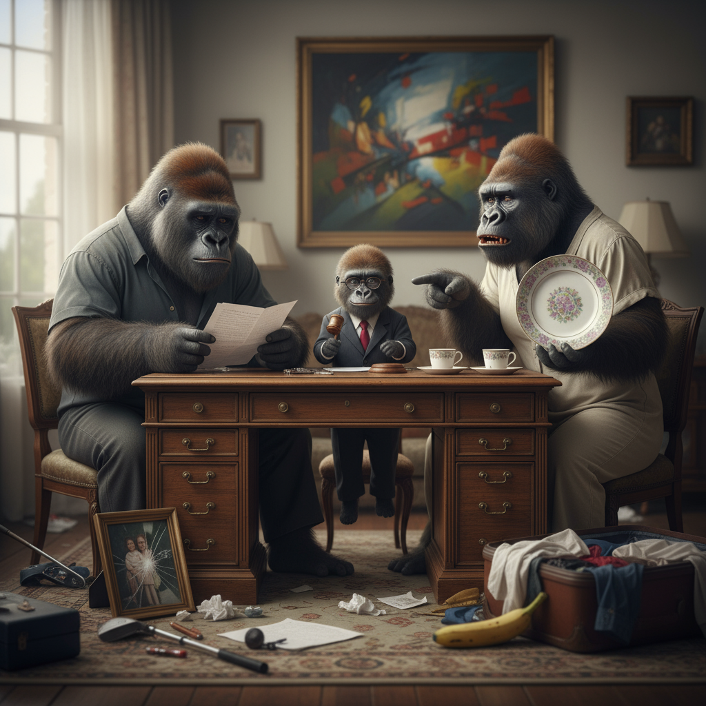 Casal assinando documentos de divórcio em um cartório, com a presença de um tabelião. O processo de divórcio extrajudicial é rápido e simplificado.