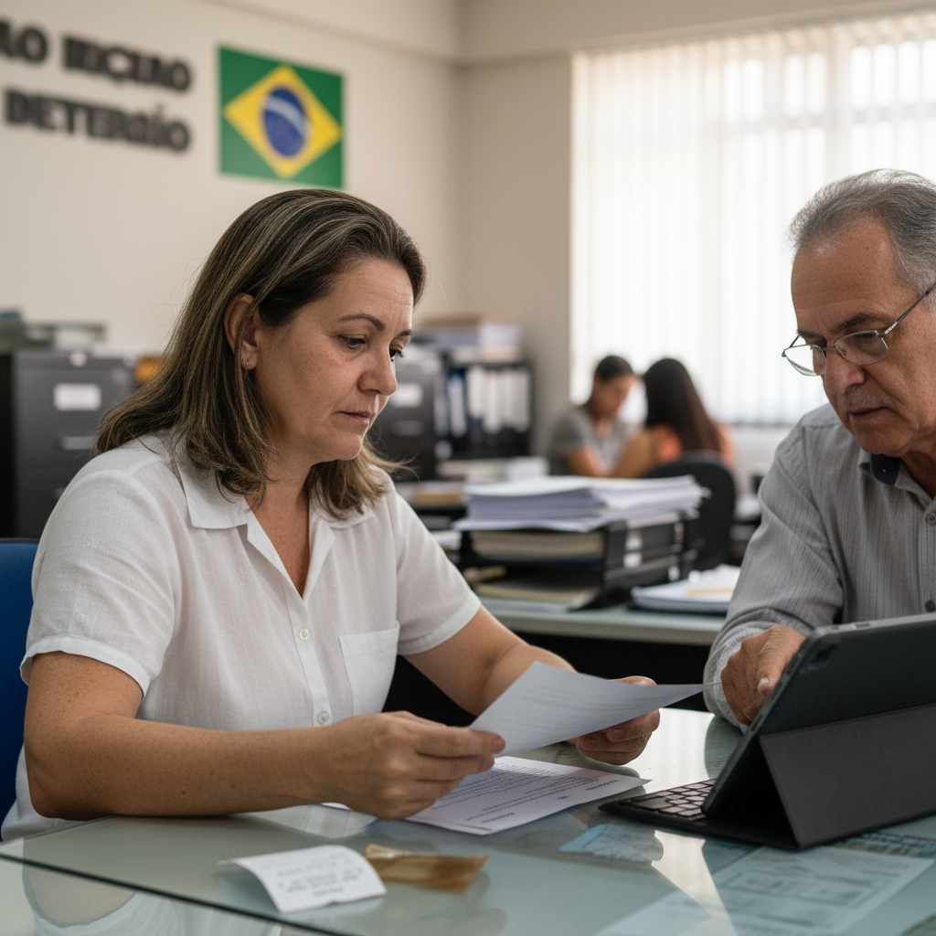 Pessoa preenchendo formulário do INSS em casa, usando computador e documentos. O processo de solicitação de benefício previdenciário é simplificado e acessível online.