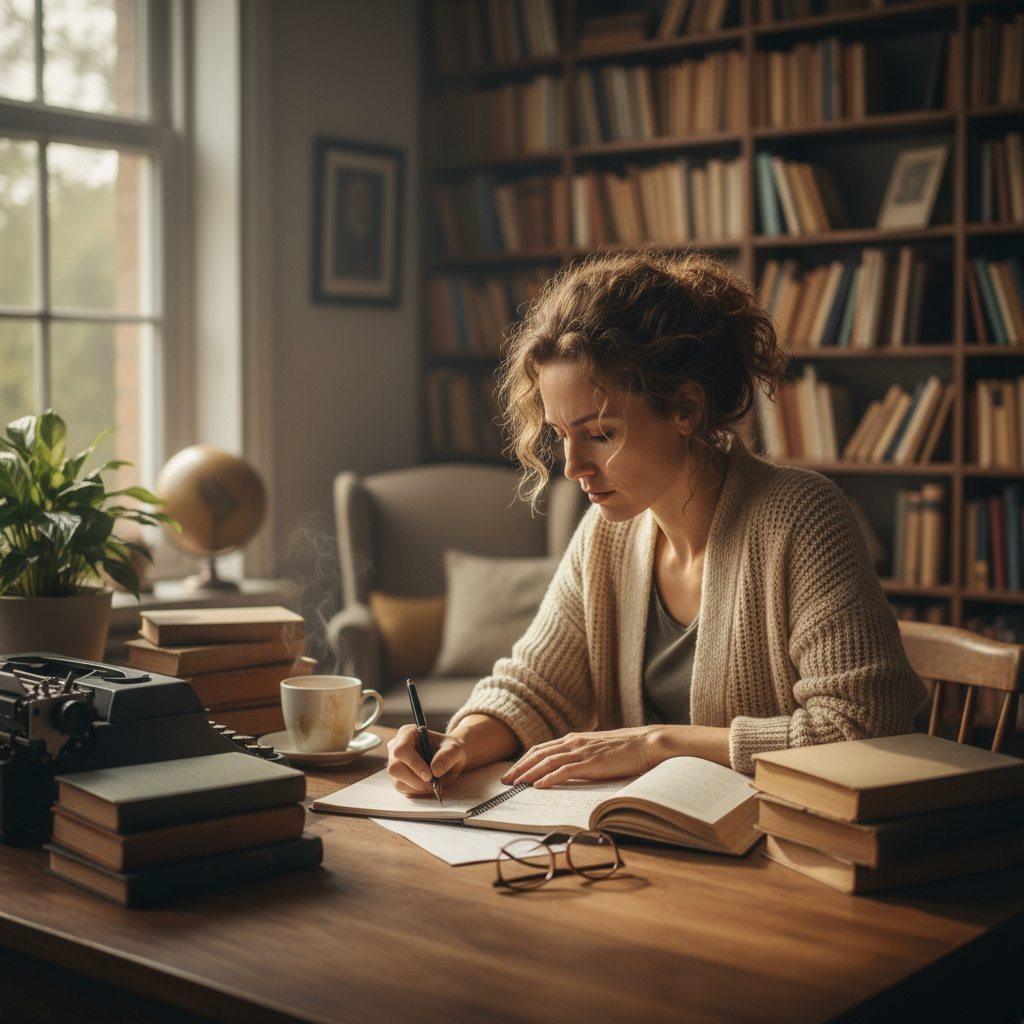 Escritor focado em seu livro, cercado por anotações e ideias, simbolizando o processo criativo e a dedicação para alcançar o sucesso literário.
