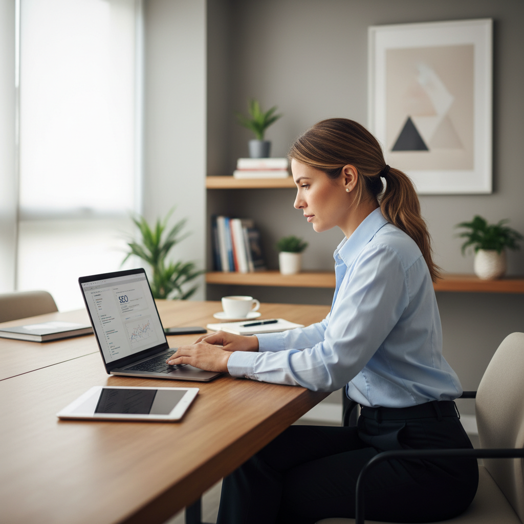 Consultório médico moderno com computador exibindo gráficos de SEO, simbolizando a otimização de sites para atrair mais