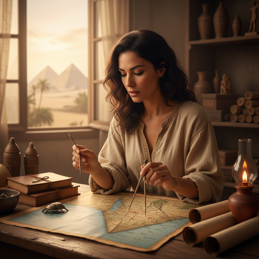 Pirâmides de Gizé ao pôr do sol, com um camelo e seu guia no deserto, evocando a grandiosidade e o mistério do Egito Anti