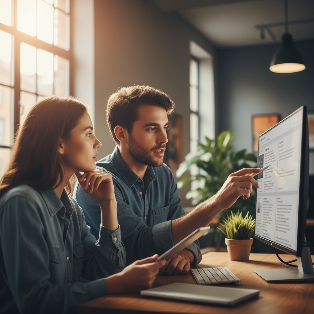 Profissional de marketing digital elaborando estratégias de copywriting para Google Ads em seu notebook. O especialista foca