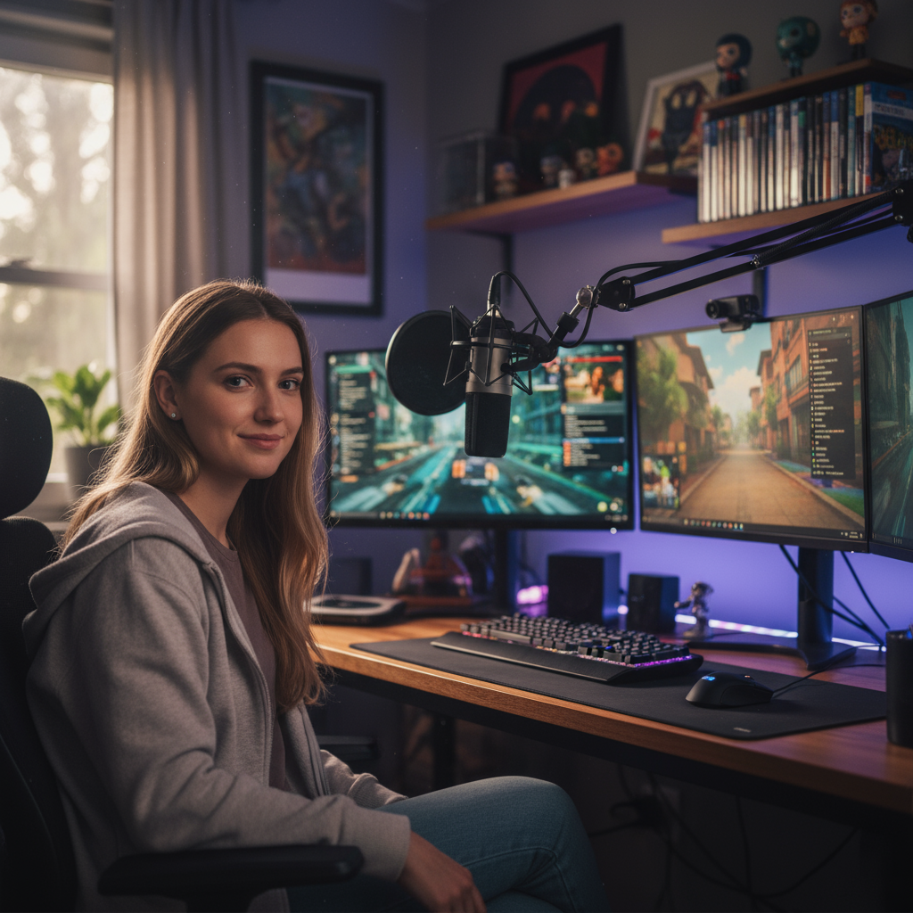 Streamer de sucesso transmitindo ao vivo, interagindo com a comunidade e construindo uma marca pessoal forte. Otimização de conteúdo, engajamento e estratégias de monetização para alcançar o estrelato no streaming.