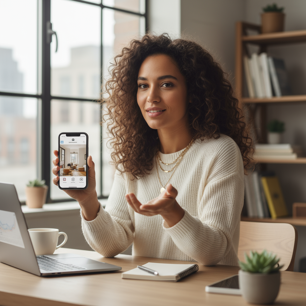 Mulher empreendedora sorridente usando o Instagram em seu celular para vender produtos. Ela está em um ambiente de trabalho