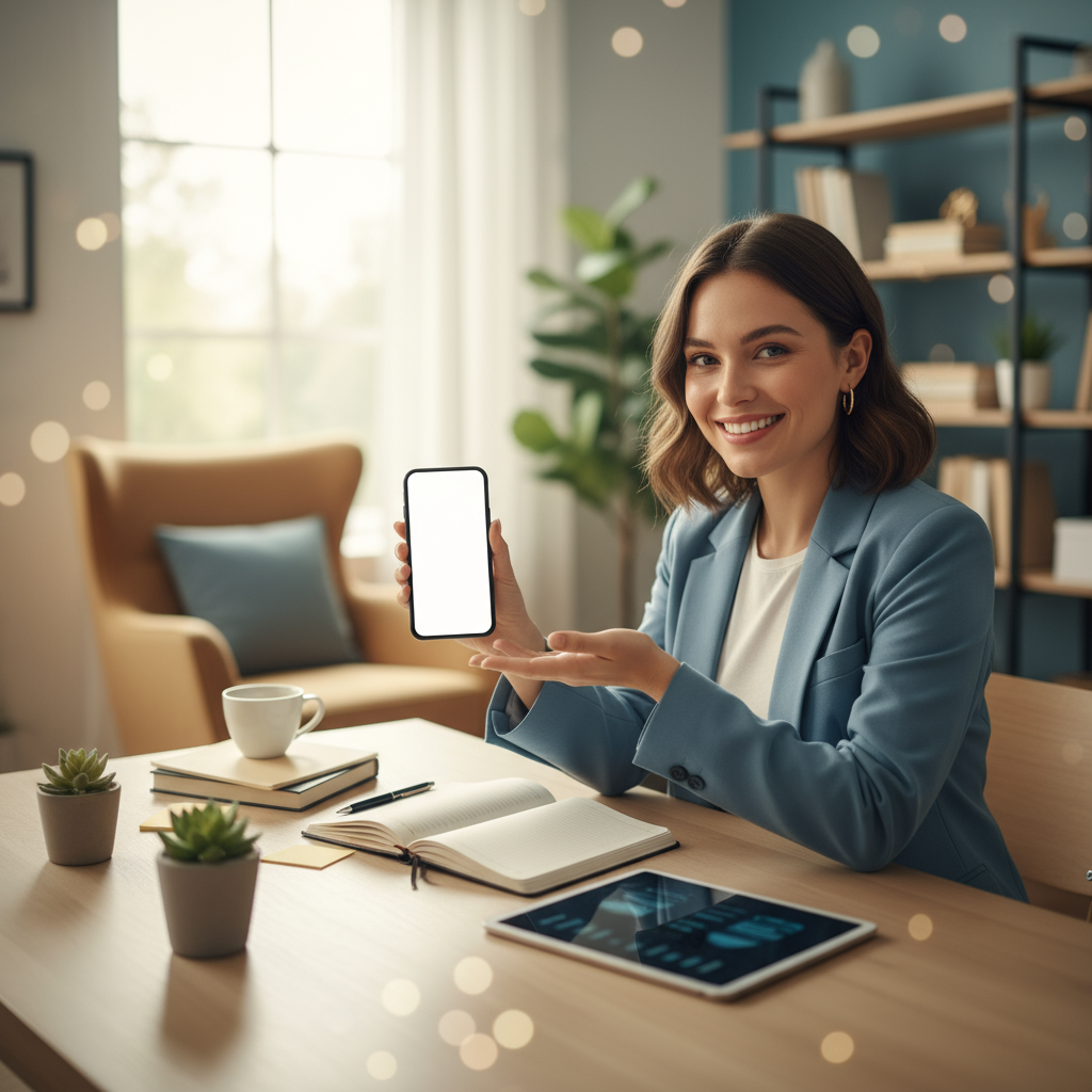 Jovem empreendedora sorridente usando smartphone para gerenciar vendas no Instagram, destacando estratégias de marketing dig