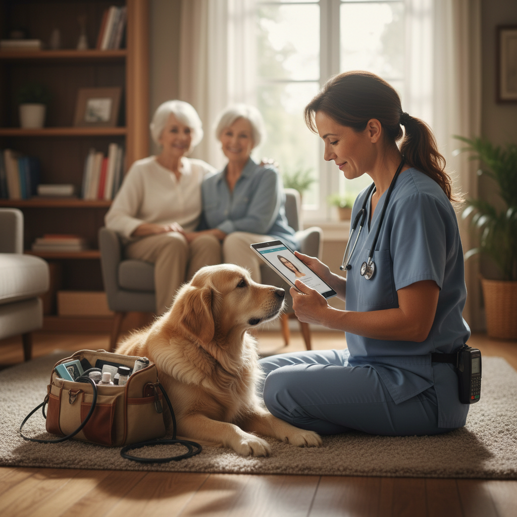 Veterinário home care examinando um cachorro em casa, com o tutor observando. O profissional oferece atendimento personalizado e confortável para animais de estimação.