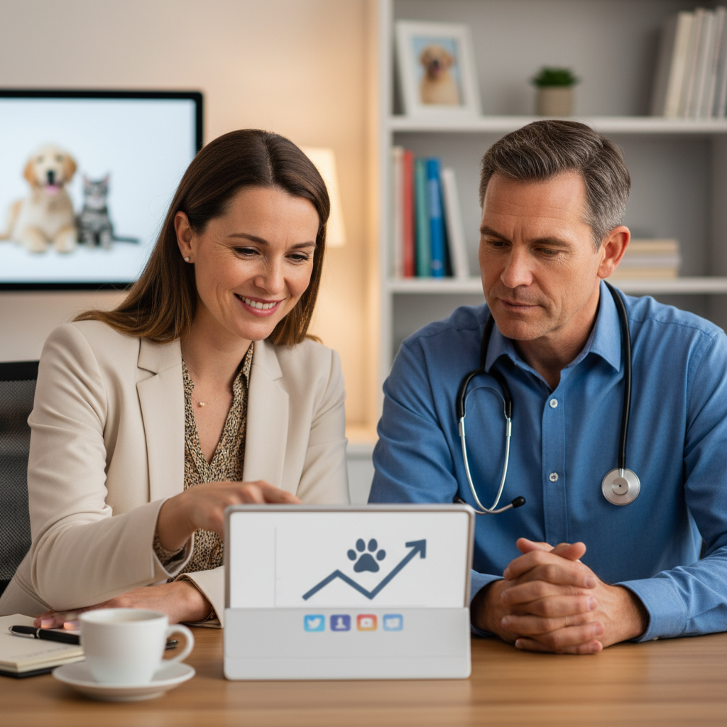 Estrategias De Marketing Digital Para Veterinarios com elementos chave destacados.