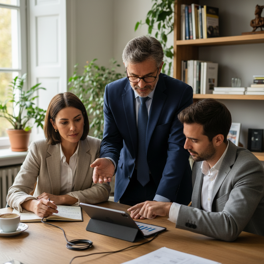 Homem em uma loja de ternos, experimentando um blazer azul-marinho. O vendedor, ao lado, oferece consultoria sobre caimento e tecido. A cena destaca a interação e o processo de escolha, com foco na qualidade e estilo dos ternos.