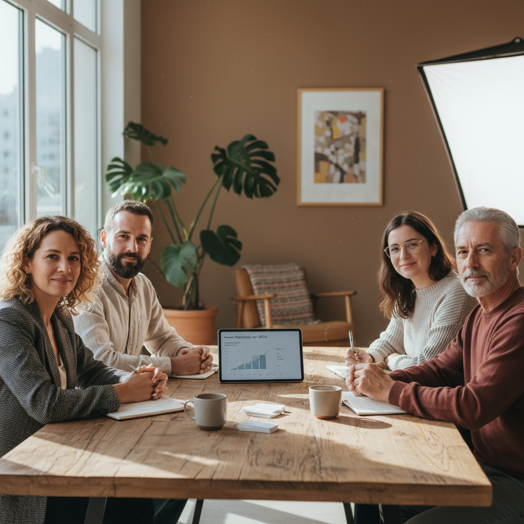 Profissional de marketing digital apresentando estratégias de aquisição de pacientes para uma clínica. O especialista aponta para um gráfico de crescimento, enquanto a equipe da clínica observa atentamente.