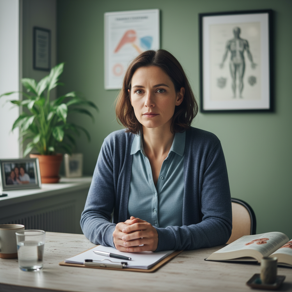 Mulher com fibromialgia sentindo dor crônica, buscando informações sobre a relação entre a doença e o risco de câncer. A imagem representa a jornada de pacientes em busca de clareza e tratamento.