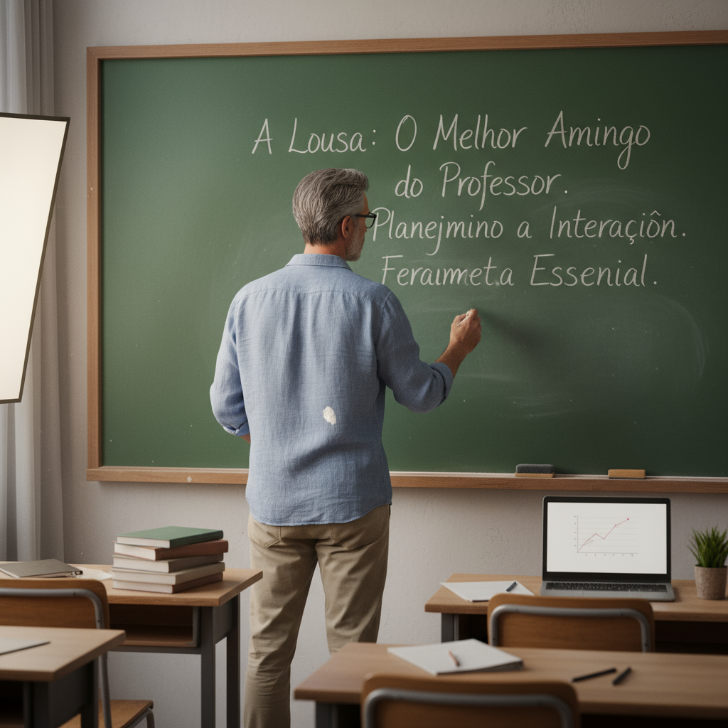 Professor escrevendo em uma lousa verde com giz, explicando um conceito para alunos em uma sala de aula iluminada por luz nat