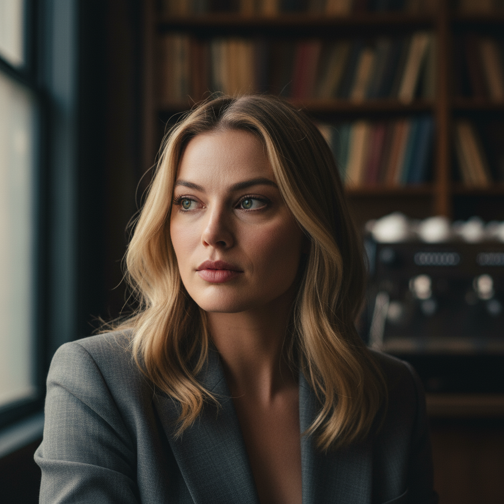 Margot Robbie Baseado Em Uma Historia Real em ambiente profissional.