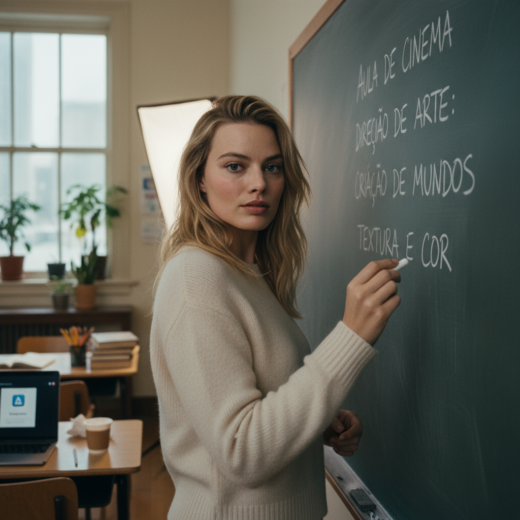 Margot Robbie em uma sala de aula, de pé ao lado de uma lousa com anotações em português. A atriz veste roupas casuais, c