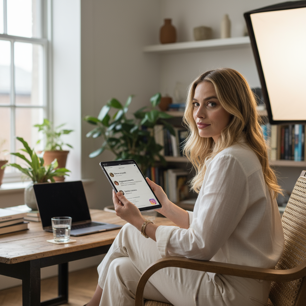Margot Robbie, especialista em Instagram, sentada em um café moderno, olhando para seu celular com um sorriso. A atriz está