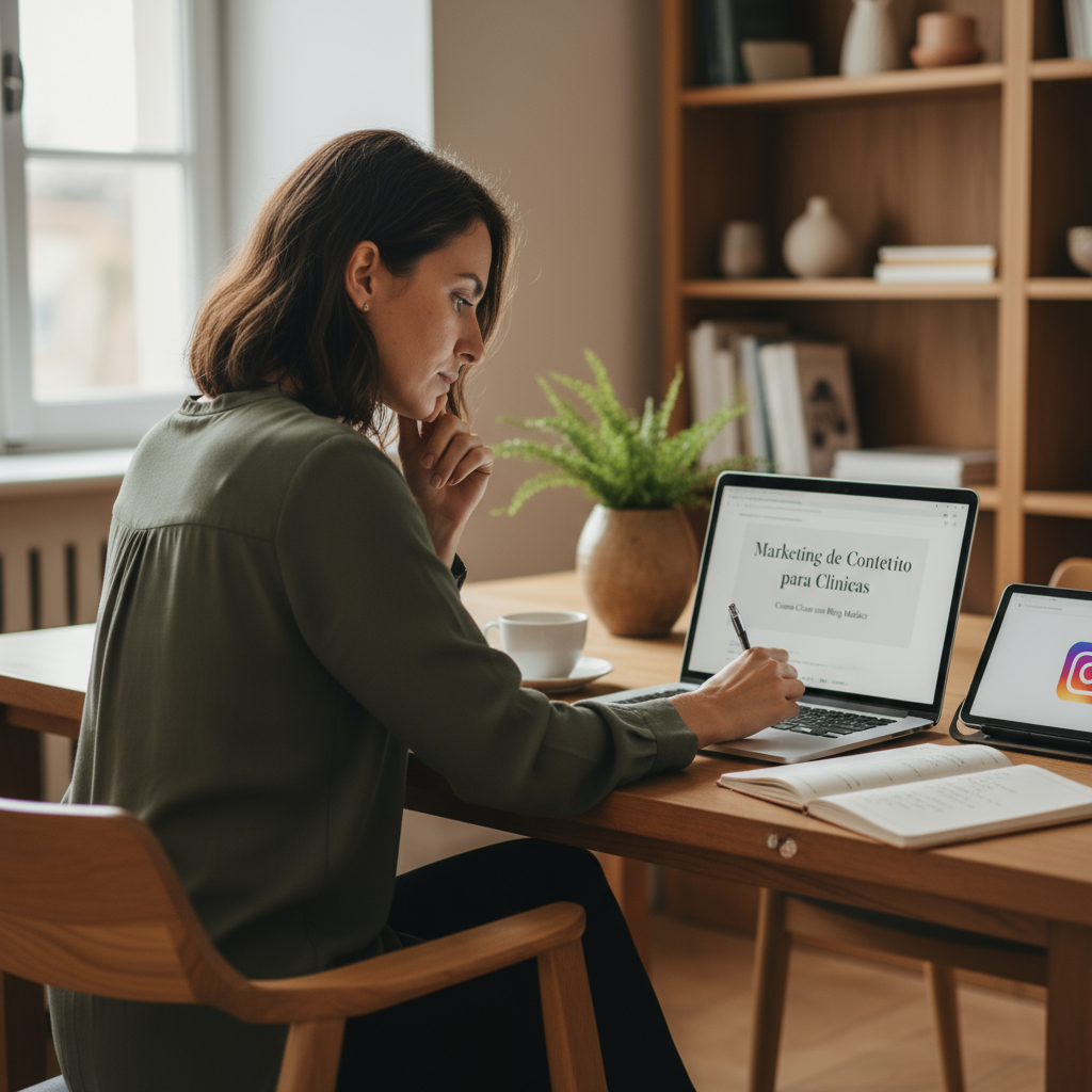 Profissional de saúde escrevendo conteúdo para blog médico em seu consultório, com laptop e materiais de pesquisa sobre a mesa.
