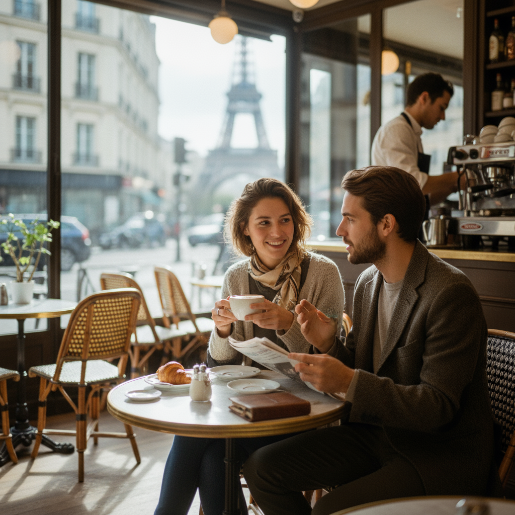 Cafés charmosos em Paris, com mesas ao ar livre e arquitetura clássica. Desfrute de um café da manhã parisiense com croissants frescos e uma xícara de café, explorando os melhores estabelecimentos da cidade para uma experiência autêntica.