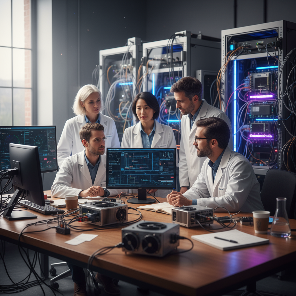 Computador quântico avançado com componentes de resfriamento e circuitos complexos, otimizado para simulações e cálculos de ciência quântica.