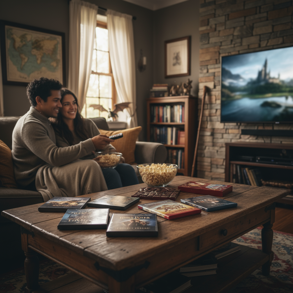 Filmes de fantasia para o Dia dos Namorados, com casais assistindo a histórias épicas e românticas. A seleção inclui títulos que combinam magia, aventura e amor, perfeitos para uma noite especial a dois.