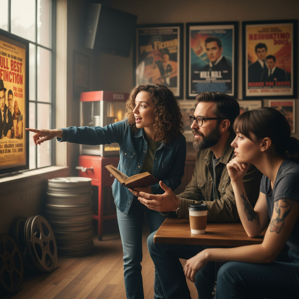 Pôsteres icônicos dos melhores filmes de Quentin Tarantino, como Pulp Fiction, Kill Bill e Bastardos Inglórios, destacando a estética única e personagens marcantes do diretor.