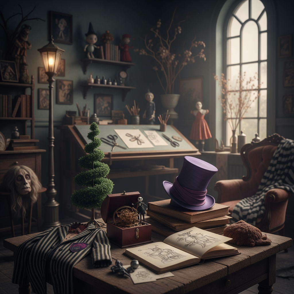 Cena icônica de um dos melhores filmes de Tim Burton, com sua estética gótica e personagens excêntricos. A imagem evoca a atmosfera única e sombria que define a obra do diretor, celebrando sua criatividade e impacto no cinema.