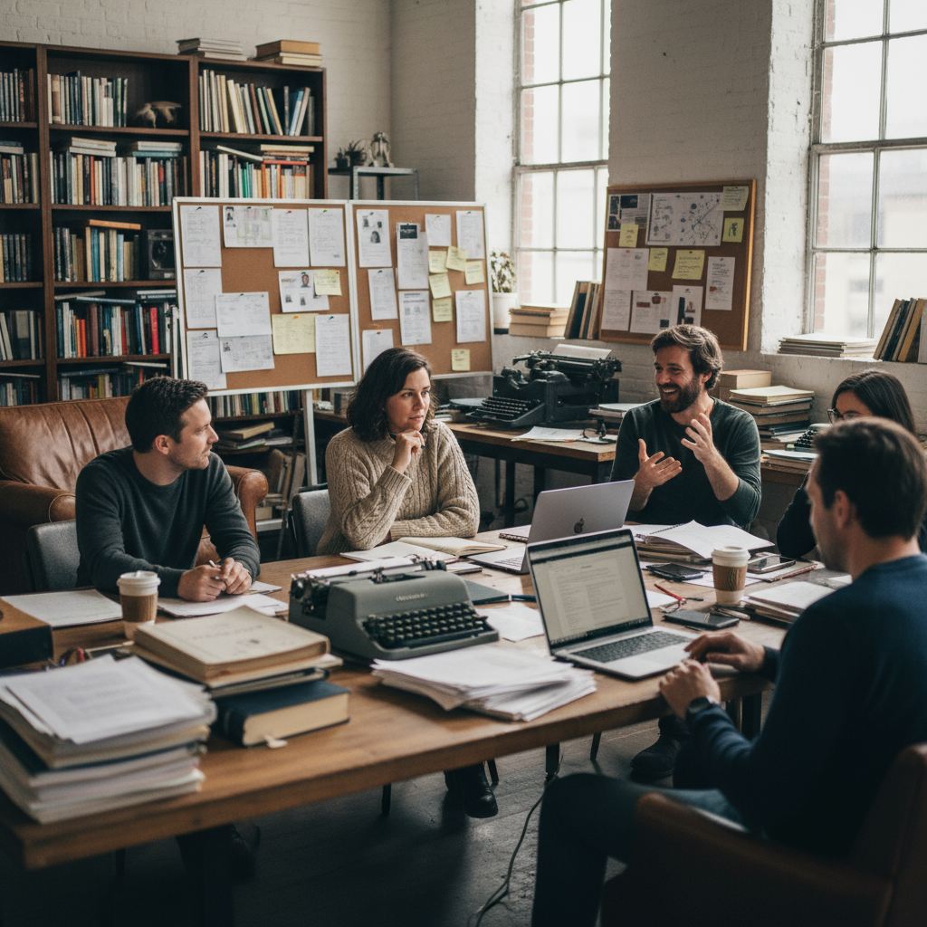 Roteiristas americanos renomados, como Quentin Tarantino e Aaron Sorkin, em seus ambientes de escrita, com roteiros e equipamentos. Eles são conhecidos por suas narrativas inovadoras e diálogos marcantes que moldaram o cinema e a televisão.