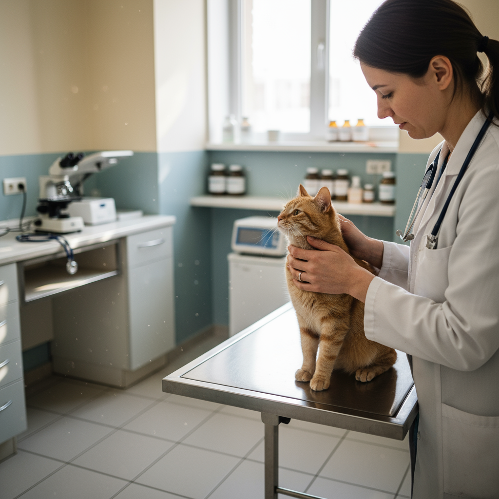 Veterinário examinando um gato em uma clínica, demonstrando os melhores tratamentos e cuidados para a saúde felina. O profissional orienta sobre vacinação, vermifugação e alimentação adequada para garantir o bem-estar do animal.