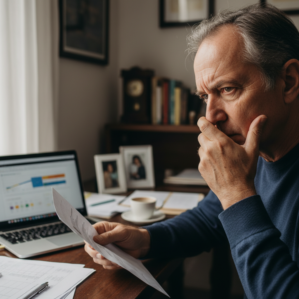 Pessoa frustrada segurando documentos do INSS, com expressão de preocupação após ter sua aposentadoria negada. Ela busca entender os motivos da recusa e as próximas etapas para recorrer da decisão.