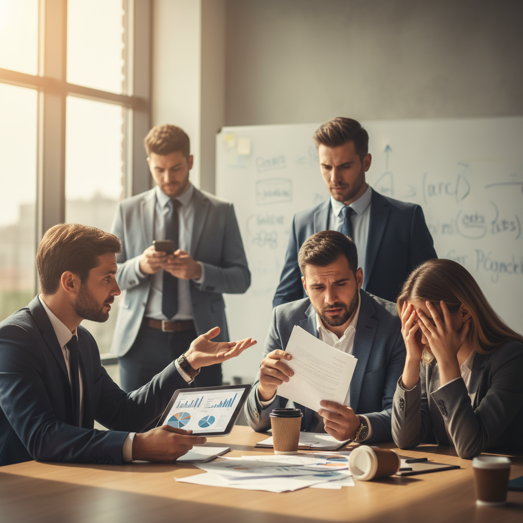 Consultor frustrado com a cabeça nas mãos, rodeado por gráficos e documentos, simbolizando os erros comuns na venda de con